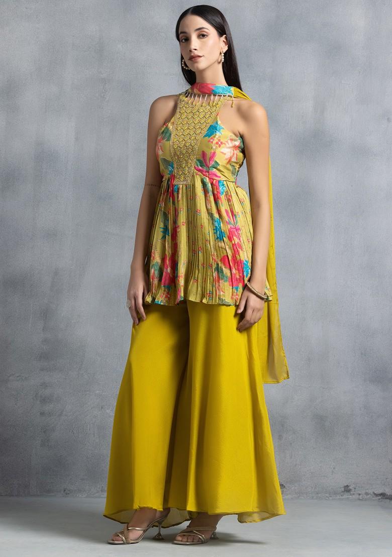 Lime Green Sharara Set With Floral Print Kurta And Choker Dupatta - Indya