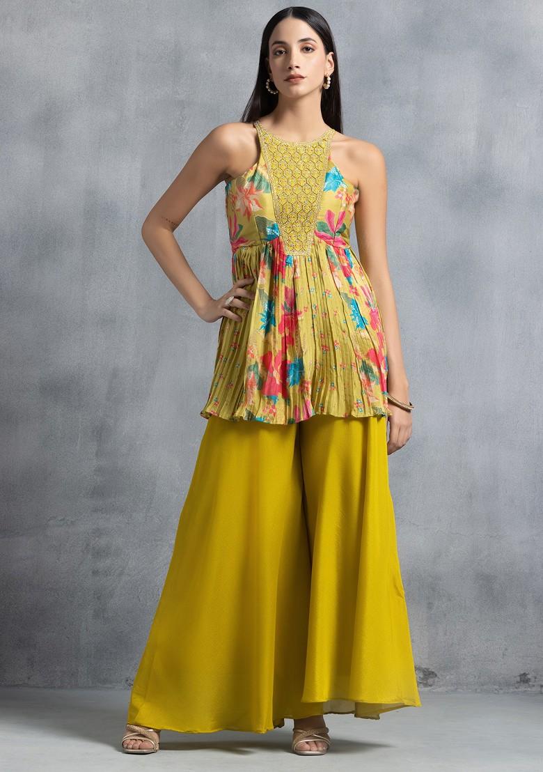 Lime Green Sharara Set With Floral Print Kurta And Choker Dupatta - Indya