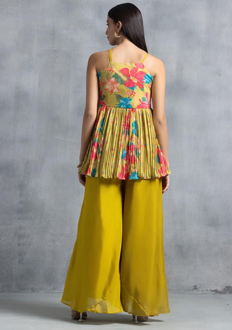 Lime Green Sharara Set With Floral Print Kurta And Choker Dupatta - Indya