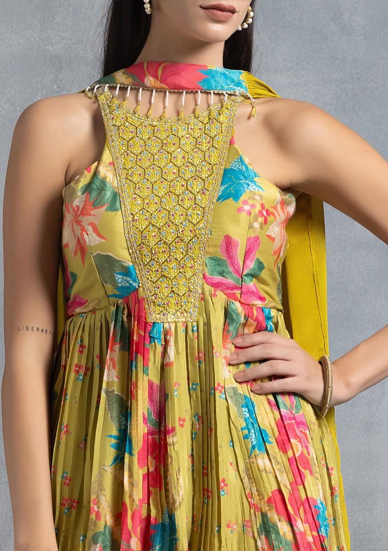 Lime Green Sharara Set With Floral Print Kurta And Choker Dupatta - Indya