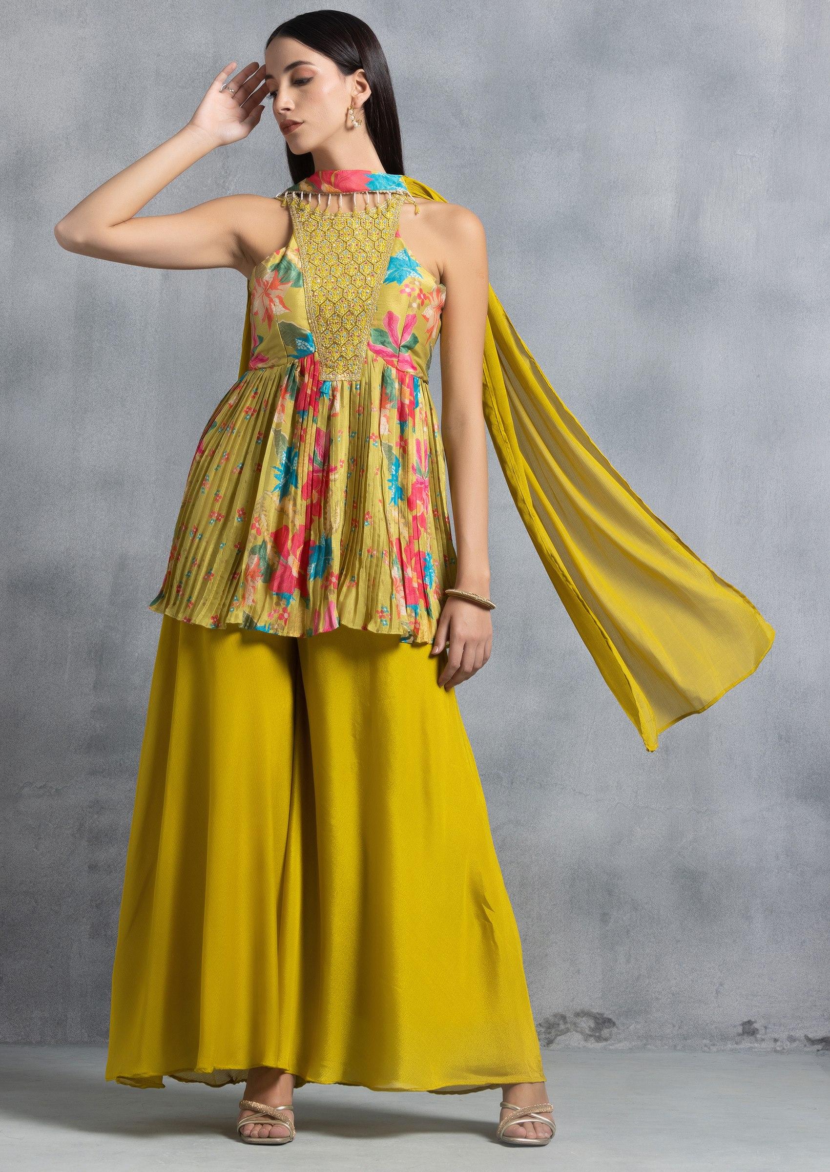 Lime Green Sharara Set With Floral Print Kurta And Choker Dupatta - Indya