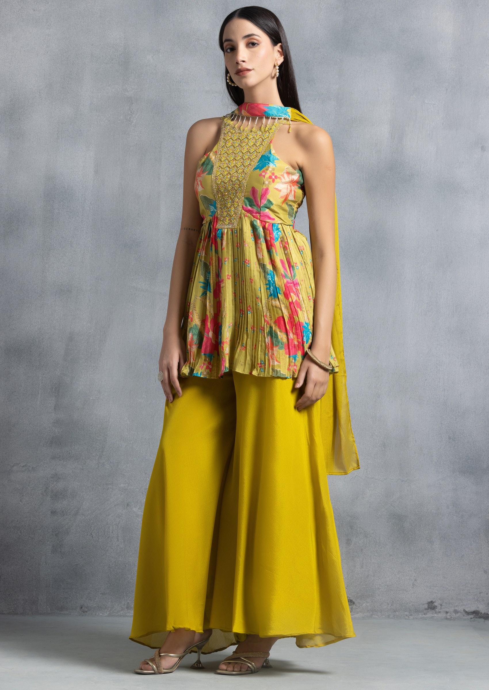 Lime Green Sharara Set With Floral Print Kurta And Choker Dupatta - Indya