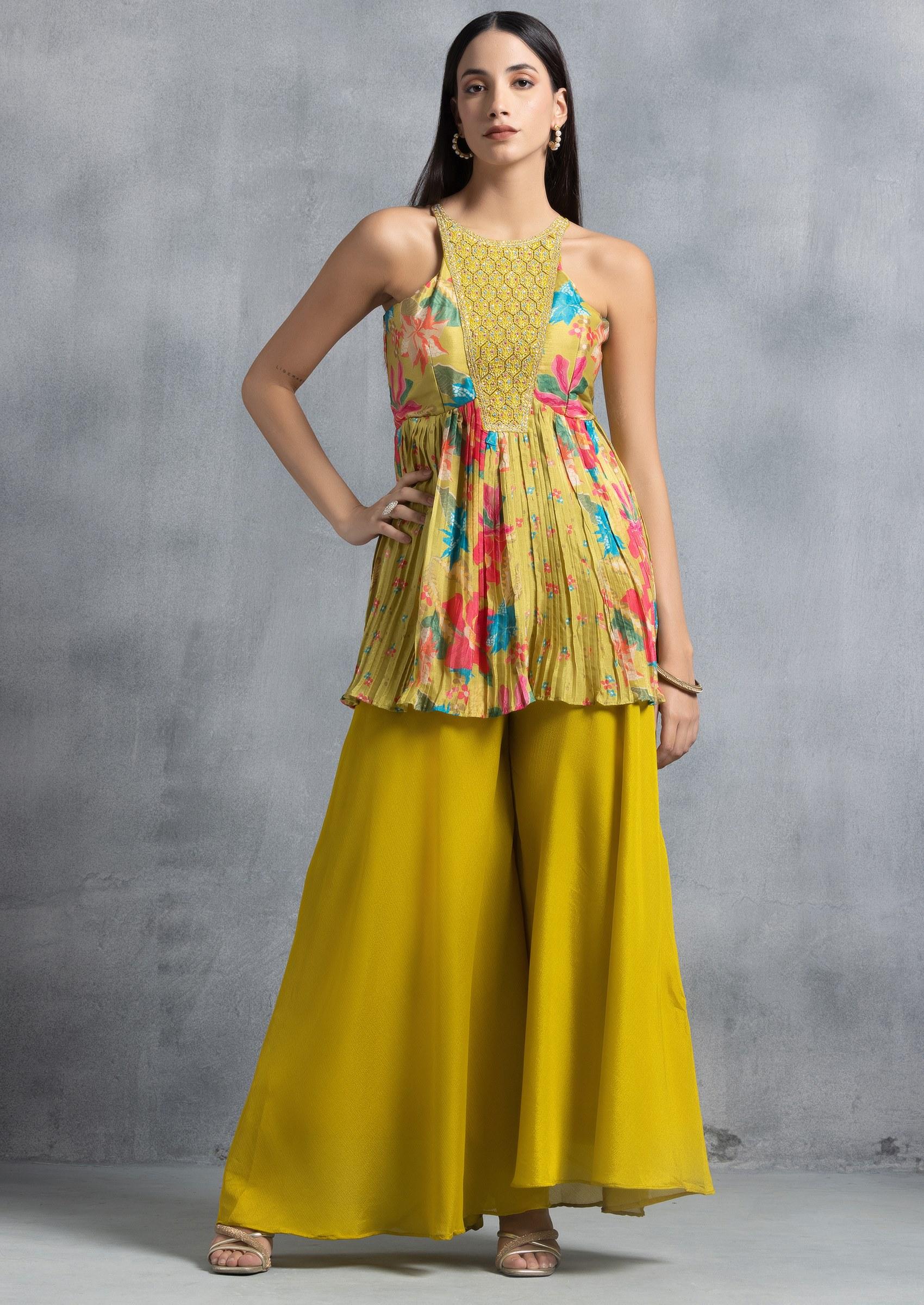 Lime Green Sharara Set With Floral Print Kurta And Choker Dupatta - Indya