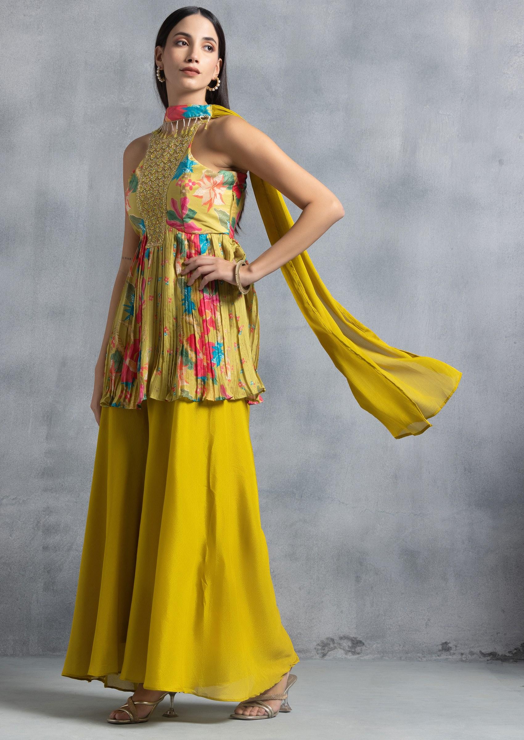 Lime Green Sharara Set With Floral Print Kurta And Choker Dupatta - Indya