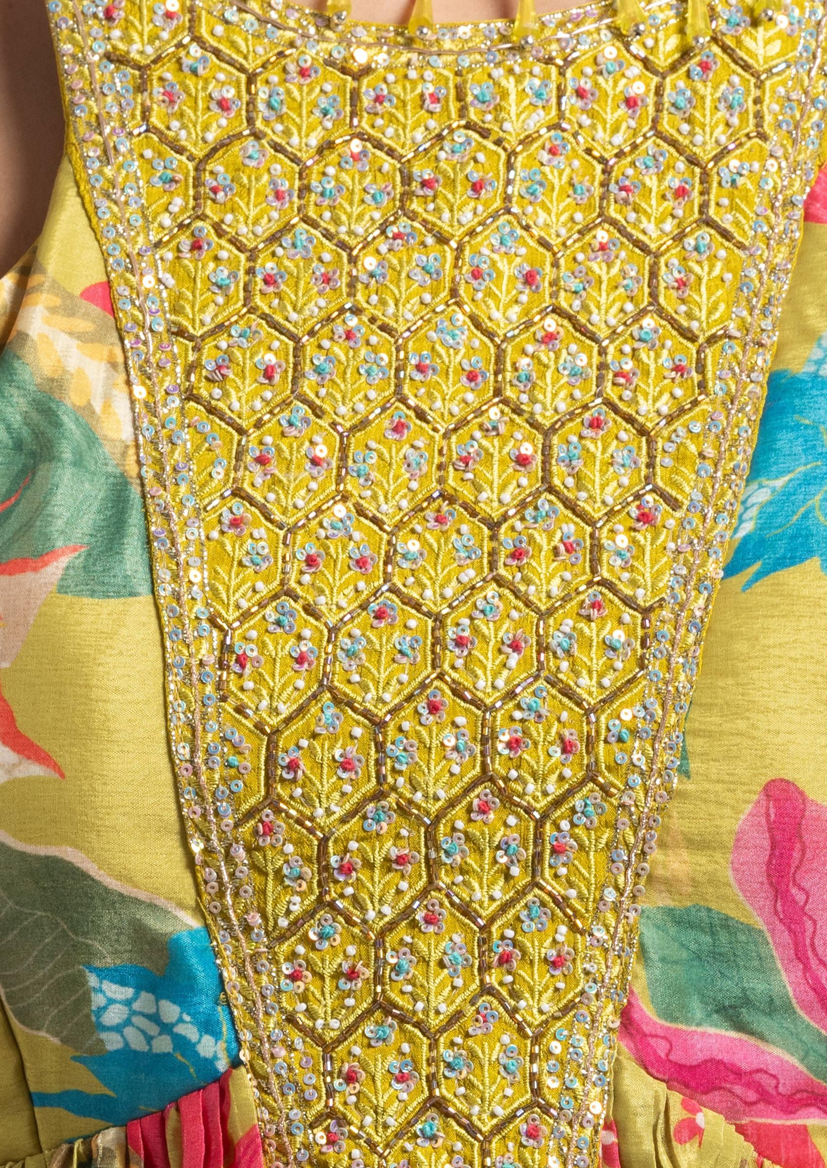 Lime Green Sharara Set With Floral Print Kurta And Choker Dupatta - Indya