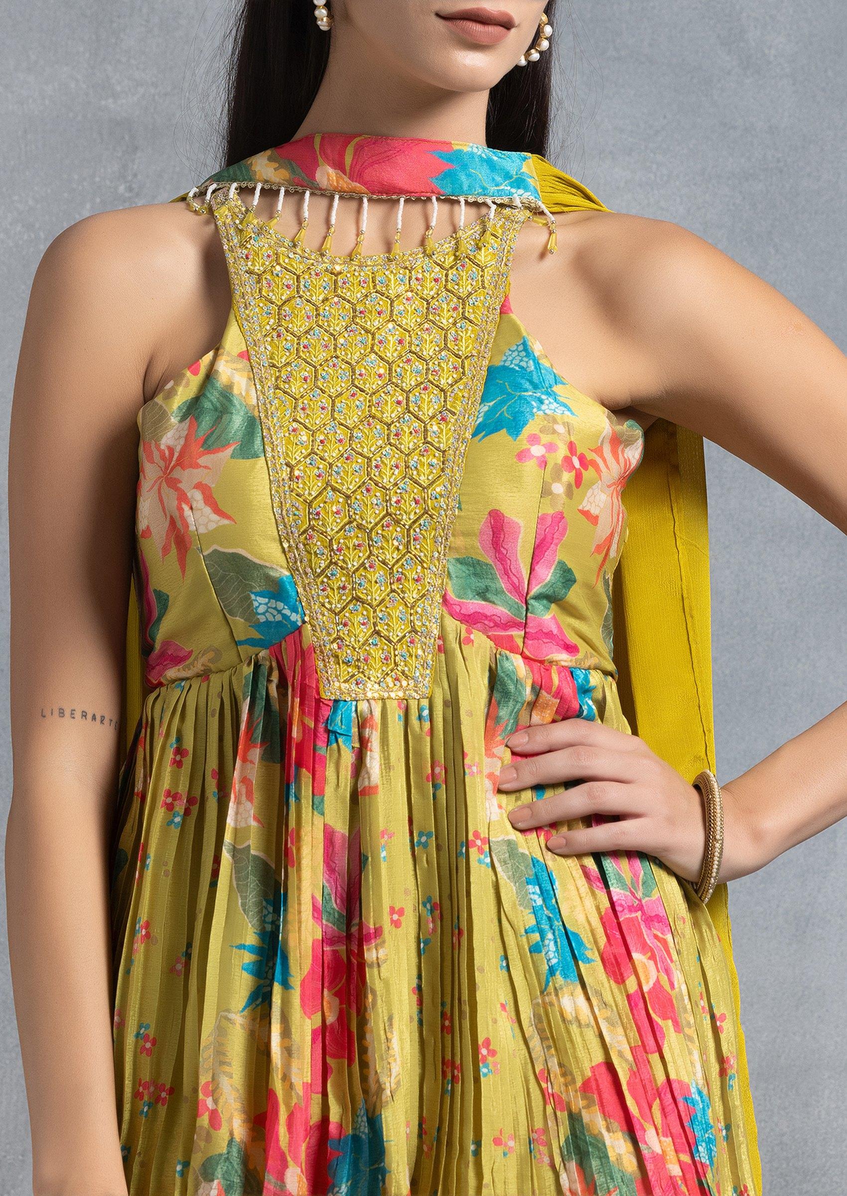 Lime Green Sharara Set With Floral Print Kurta And Choker Dupatta - Indya