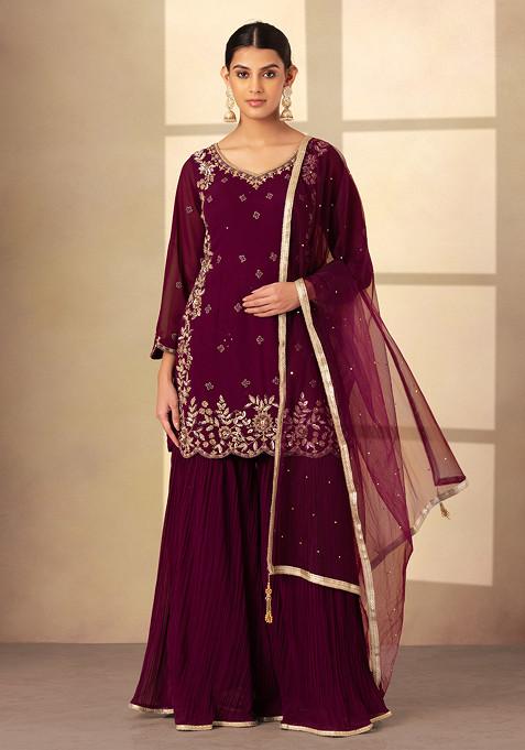 Dark Purple Pleated Sharara Set With Sequin Embellished Kurta And Dupatta