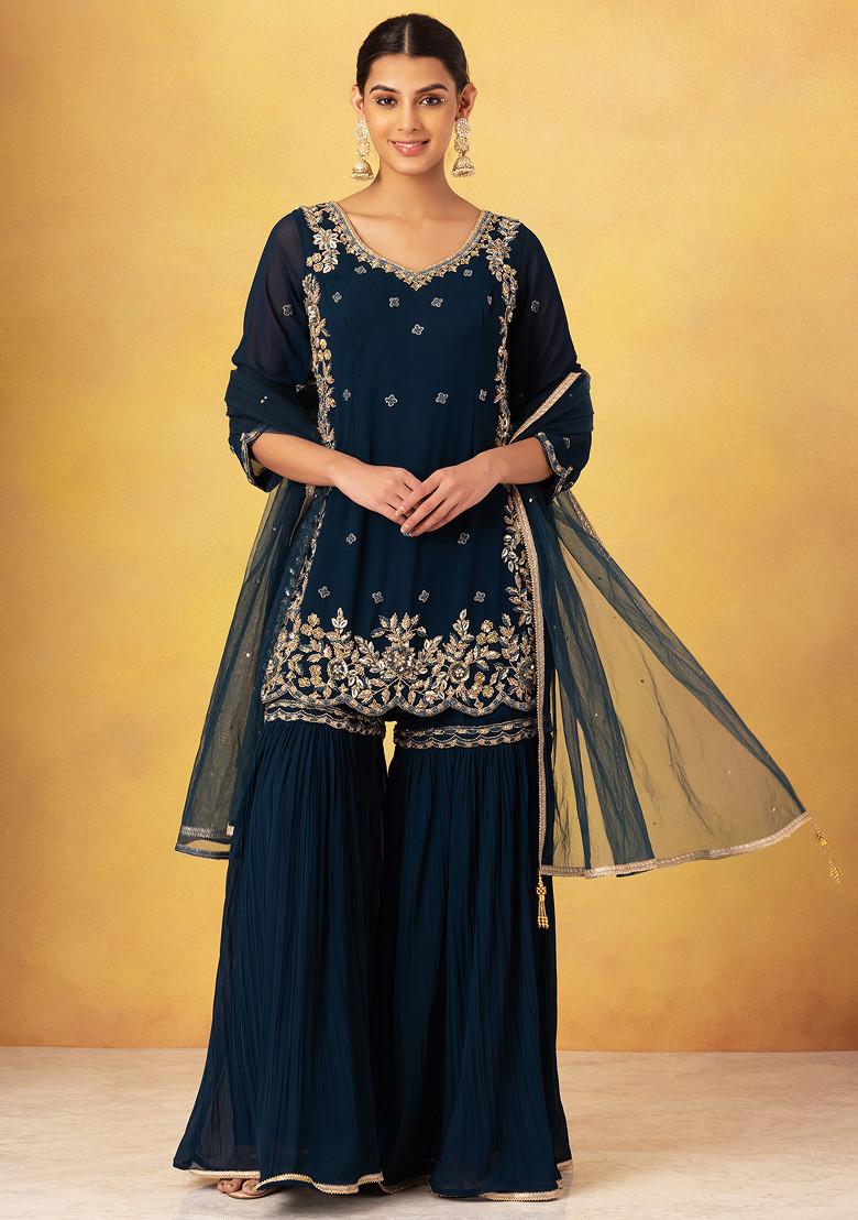 Women's A-Line Blue Printed Kurta Sets with Sharara & Dupatta main image 1