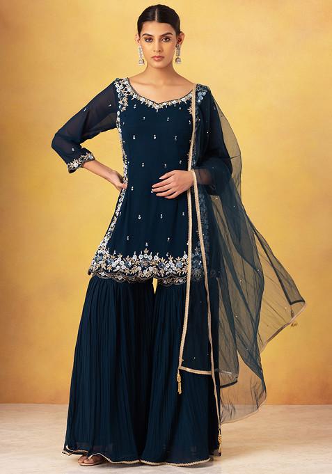 Teal Sharara Set With Sequin Embellished Short Kurta And Dupatta