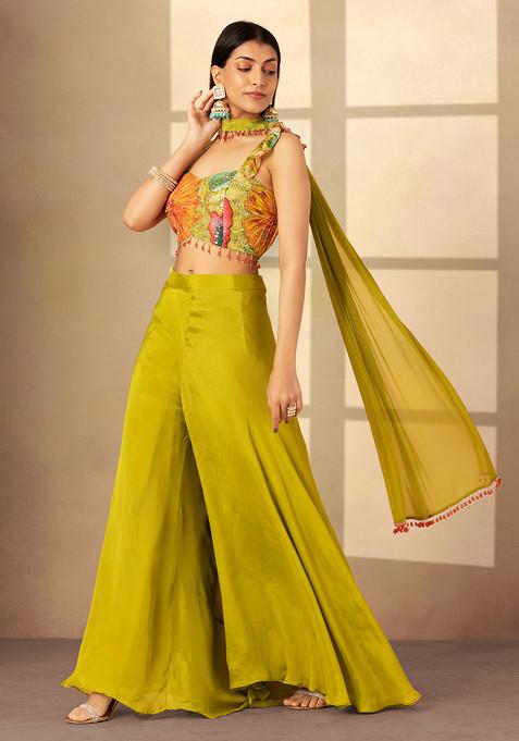 Lime Green Sharara Set With Multicolour Floral Print Blouse And Choker Dupatta
