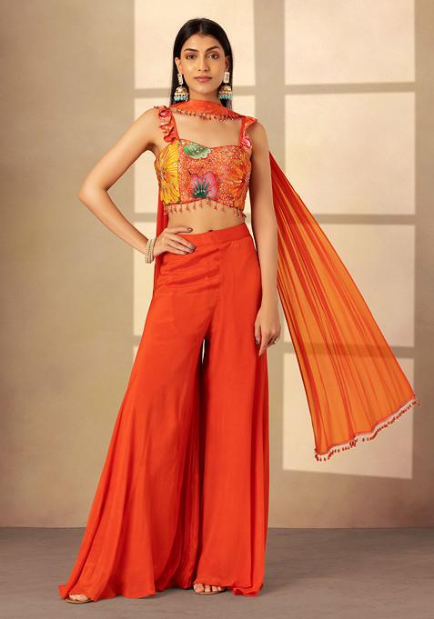 Orange Sharara Set With Multicolour Floral Print Blouse And Choker Dupatta