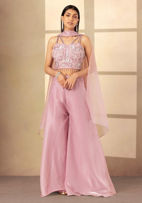 Lilac Sharara Set With Sequin Bead Embellished Blouse And Choker Dupatta