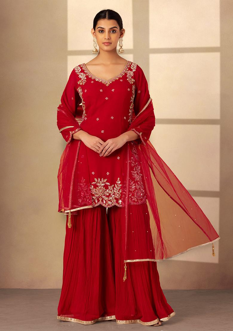 Buy Women Berry Pink Pleated Sharara Set With Sequin Embellished Kurta