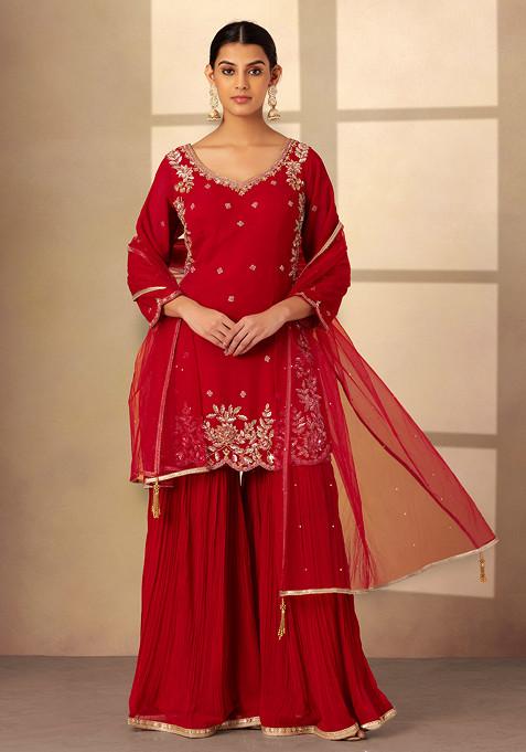 Berry Pink Pleated Sharara Set With Sequin Embellished Kurta And Dupatta