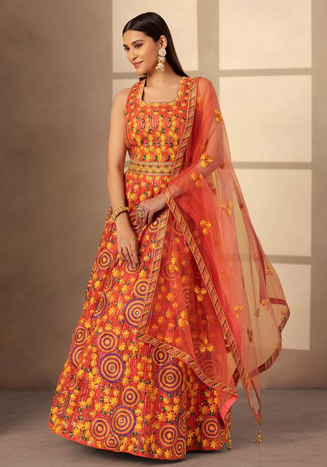 Orange Floral Thread Embroidered Organza Anarkali Gown With Dupatta