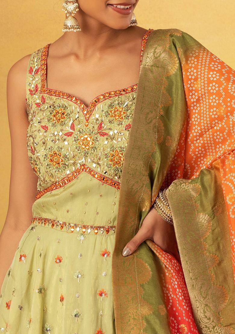 LIME YELLOW SHORT ANARKALI WITH CHURIDAR AND FUSCHIA DUPATTA