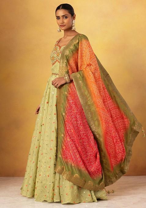 Lime Green Pleated Anarkali with Dupatta - Elegant Ethnic Wear