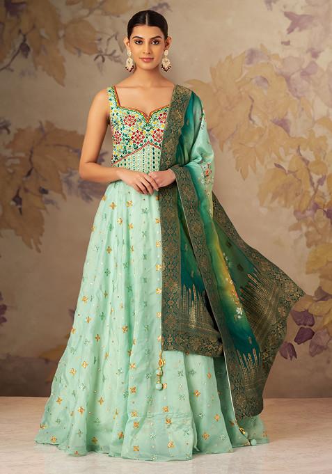 Sage Green Floral Embroidered Anarkali Gown With Printed Dupatta