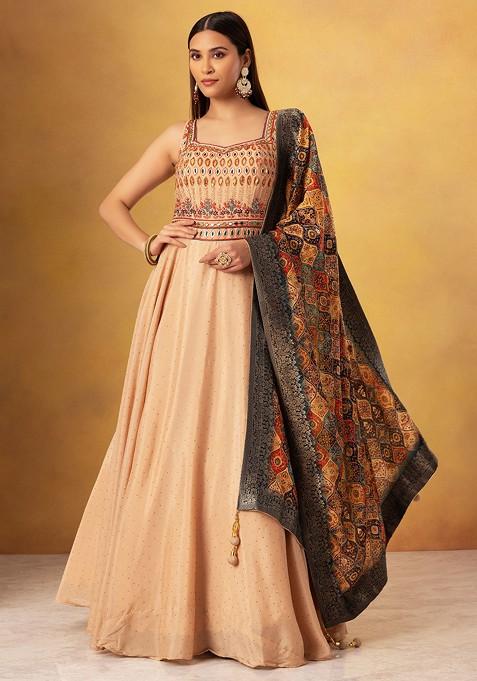 Beige Sequin Embroidered Anarkali Gown With Printed Dupatta