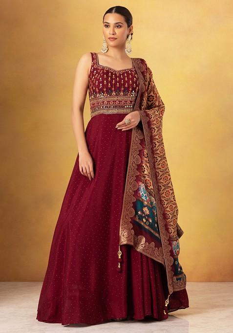 Maroon Embroidered Anarkali Gown With Printed Dupatta