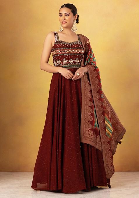 Maroon Embellished Anarkali Gown With Printed Satin Dupatta