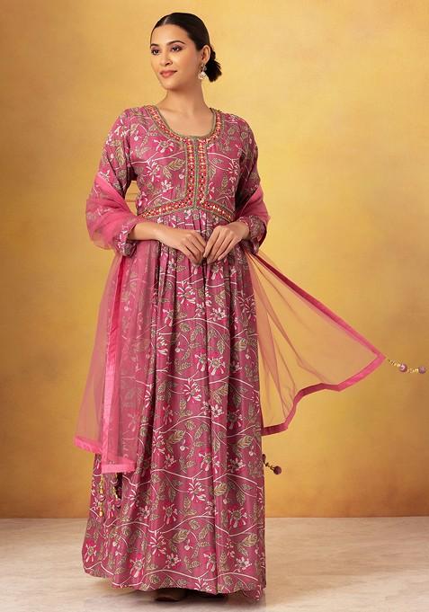 Dull Pink Floral Print Embellished Anarkali Gown With Dupatta