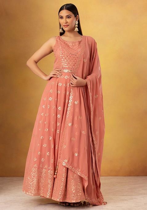 Peach Mirror And Thread Embroidered Anarkali Gown With Embroidered Dupatta