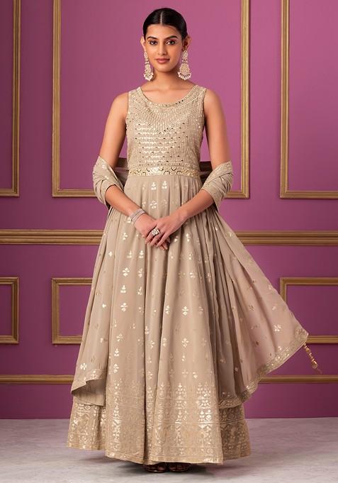 Grey Mirror And Thread Embroidered Anarkali Gown With Embroidered Dupatta