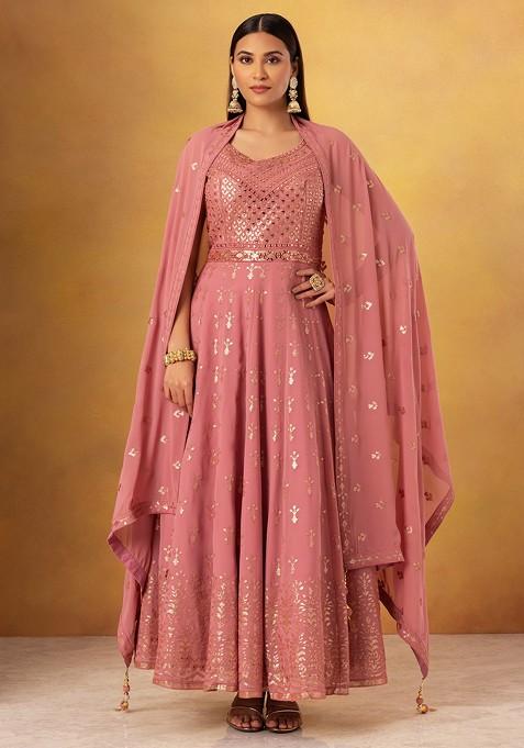 Dull Pink Mirror And Thread Embroidered Anarkali Gown With Embroidered Dupatta