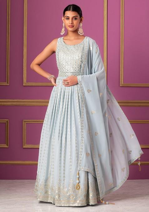 Blue Mirror And Thread Embroidered Anarkali Gown With Embroidered Dupatta