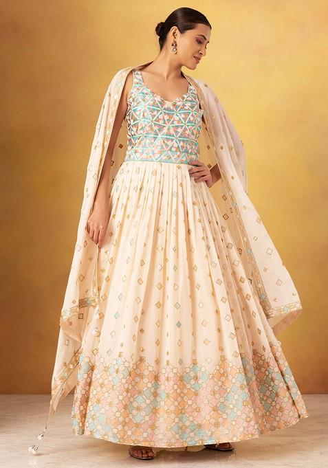 Ivory Geometric Embroidered Anarkali Gown With Embroidered Dupatta