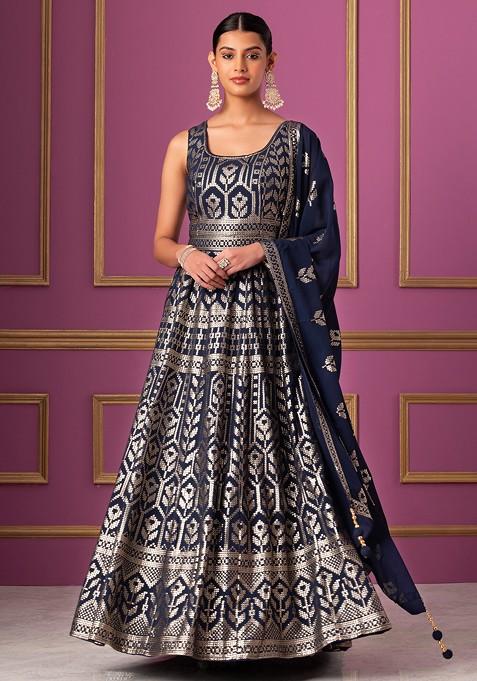 Navy Blue Tonal Abstract Embroidered Anarkali Gown With Embellished Dupatta