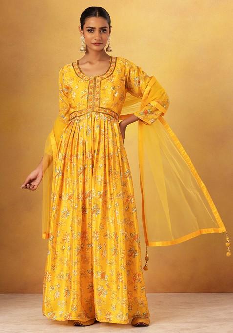 Yellow Floral Print Embellished Anarkali Gown With Mesh Dupatta