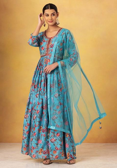 Aqua Blue Floral Print Embellished Anarkali Gown With Mesh Dupatta