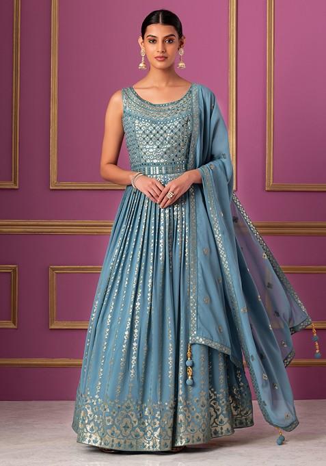 Steel Blue Thread Embroidered Anarkali Gown With Embroidered Dupatta