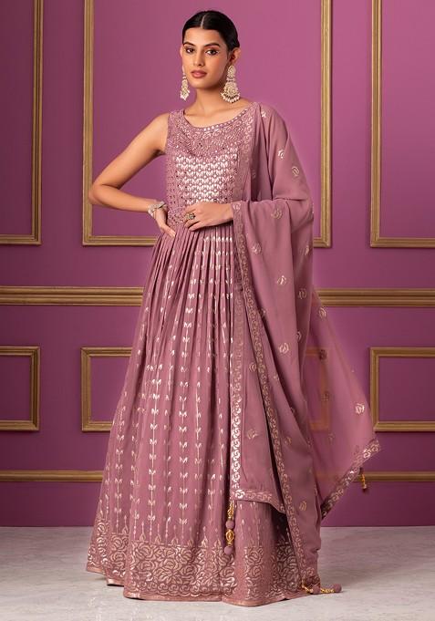 Mauve Mirror Thread Embroidered Anarkali Gown With Embroidered Dupatta