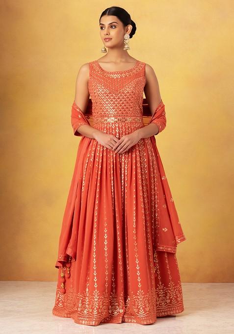 Peach Mirror Embroidered Anarkali Gown With Embroidered Dupatta
