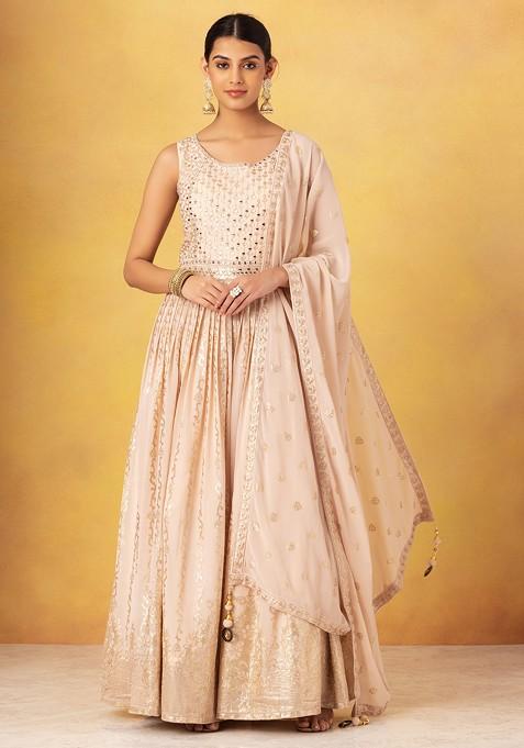 Pastel Pink Mirror Embroidered Anarkali Gown With Embroidered Dupatta