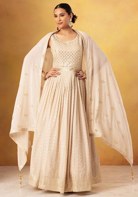 Ivory Mirror Embroidered Anarkali Gown With Embroidered Dupatta