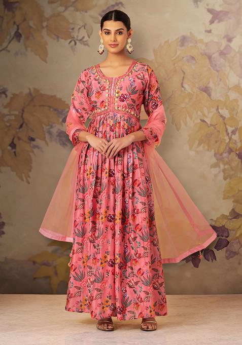 Dull Pink Floral Print Embellished Anarkali Gown With Mesh Dupatta