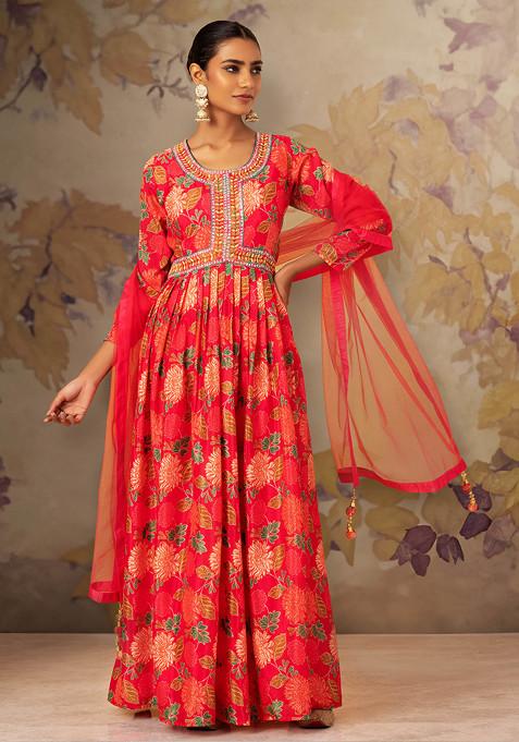 Hot Pink Floral Print Embellished Anarkali Gown With Mesh Dupatta