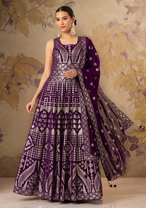 Purple Tonal Geometric Sequin Embroidered Anarkali Gown With Embroidered Dupatta