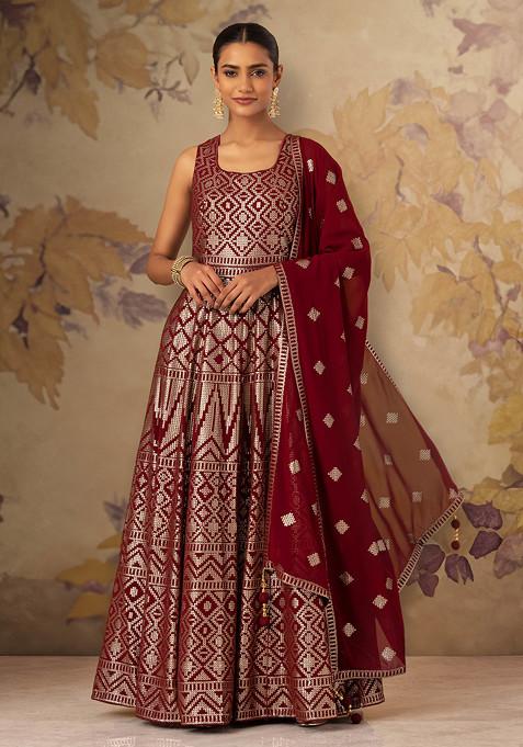 Maroon Tonal Geometric Sequin Embroidered Anarkali Gown With Embroidered Dupatta