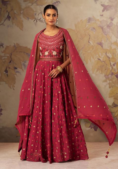 Magenta Floral Thread And Mirror Embroidered Anarkali Gown With Dupatta