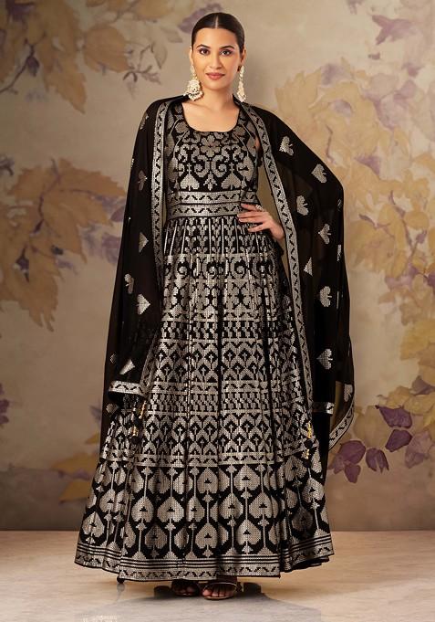 Black Tonal Geometric Sequin Embroidered Anarkali Gown With Dupatta