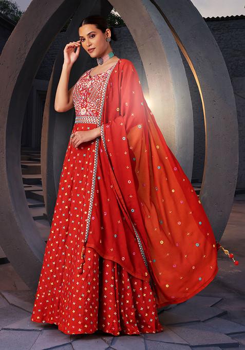 Rust Red Mirror And Thread Embroidered Anarkali Gown With Dupatta