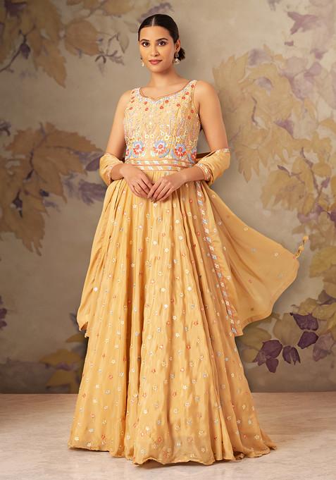 Beige Floral Embroidered Anarkali Gown With Embroidered Dupatta