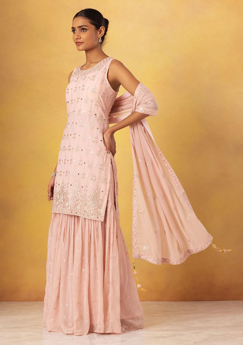 Babyhug Woven Sleeveless Floral Embroidered Kurti & Sharara Set with Dupatta - Teal & Pink