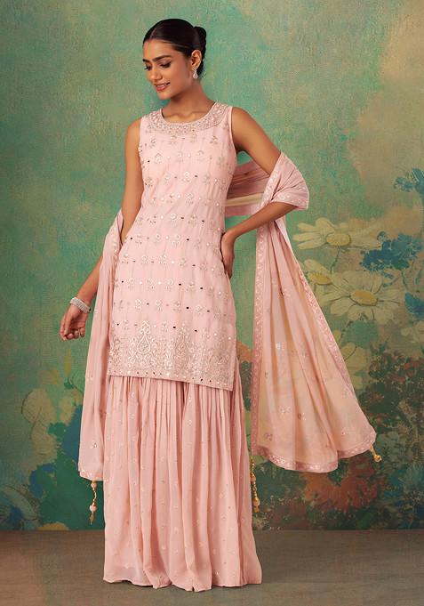 Pastel Pink Floral Embroidered Sharara Set With Embroidered Kurta And Dupatta