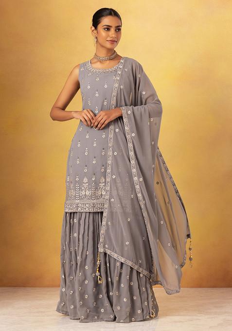 Grey Embroidered Sharara Set With Floral Mirror Embroidered Kurta And Dupatta